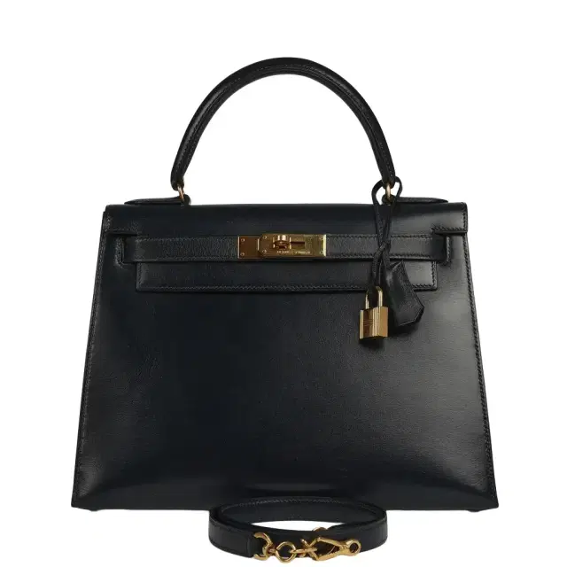 HERMÈS Vintage Hermes Kelly Sellier 28 Bleu Navy Box Gold Hardware