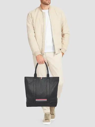 Thom Browne Men's Striped-Detail Pebbled Leather Tote Bag - Black | Thumbnail 2