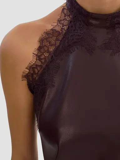 LAMARQUE Women's Ginny Faux Leather Lace-Trim Halter Top - Vamp - Size XL | Thumbnail 5