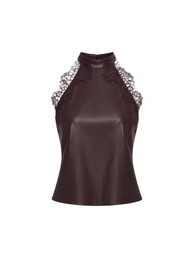 LAMARQUE Women's Ginny Faux Leather Lace-Trim Halter Top - Vamp - Size XL | Thumbnail 1