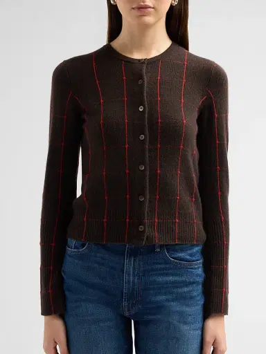 Guest In Residence Women's Jane Windowpane Cashmere Crewneck Cardigan - Burnt Cocoa Carmine | Thumbnail 5 Guest In Residence Women's Jane Windowpane Cashmere Crewneck Cardigan - Burnt Cocoa Carmine | Thumbnail 5
