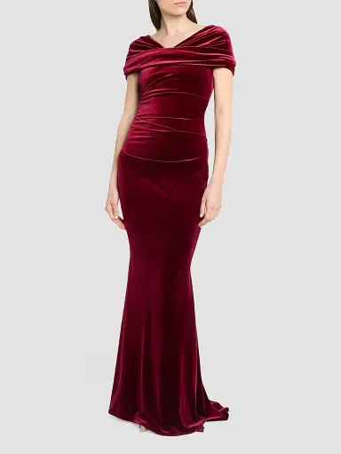 Talbot Runhof Women's Stretch Velvet Gown - Burgundy - Size 14 | Thumbnail 4