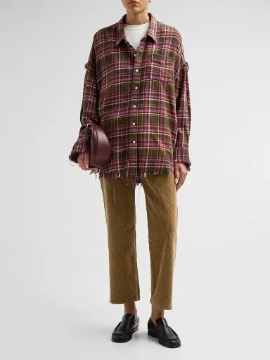 R13 Women's Shredded Seam Drop Neck Shirt - Brown Pink Plaid | Thumbnail 2