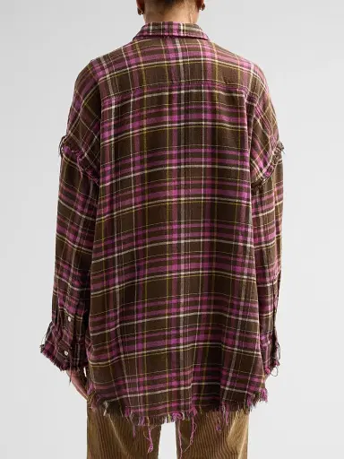 R13 Women's Shredded Seam Drop Neck Shirt - Brown Pink Plaid | Thumbnail 3