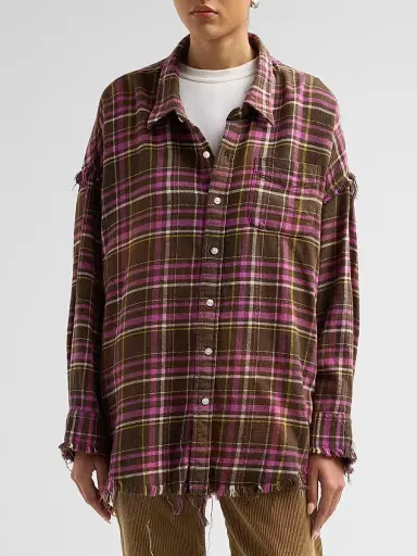 R13 Women's Shredded Seam Drop Neck Shirt - Brown Pink Plaid | Thumbnail 4