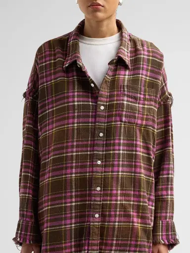 R13 Women's Shredded Seam Drop Neck Shirt - Brown Pink Plaid | Thumbnail 5