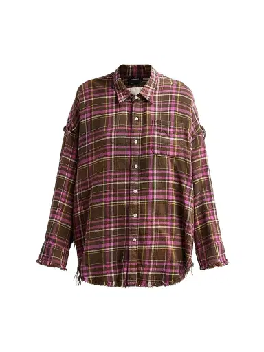 R13 Women's Shredded Seam Drop Neck Shirt - Brown Pink Plaid | Thumbnail 1