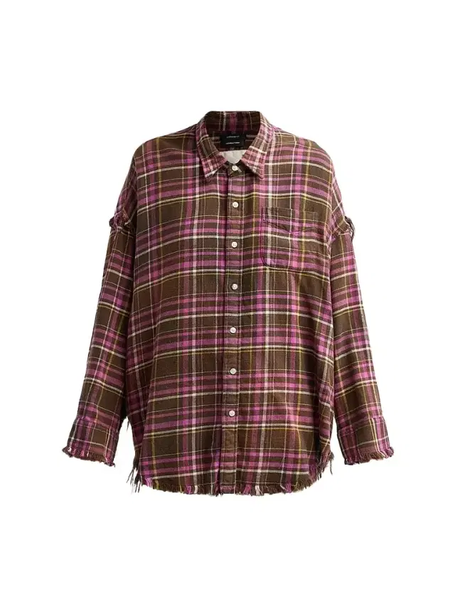 R13 Women's Shredded Seam Drop Neck Shirt - Brown Pink Plaid