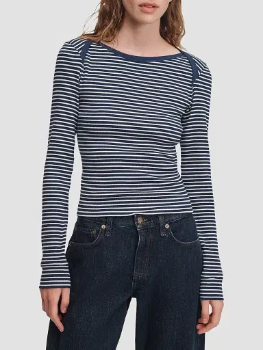 rag & bone Women's The Essential Rib Striped Long-Sleeve Shirt - Navy Multi | Thumbnail 4 rag & bone Women's The Essential Rib Striped Long-Sleeve Shirt - Navy Multi | Thumbnail 4