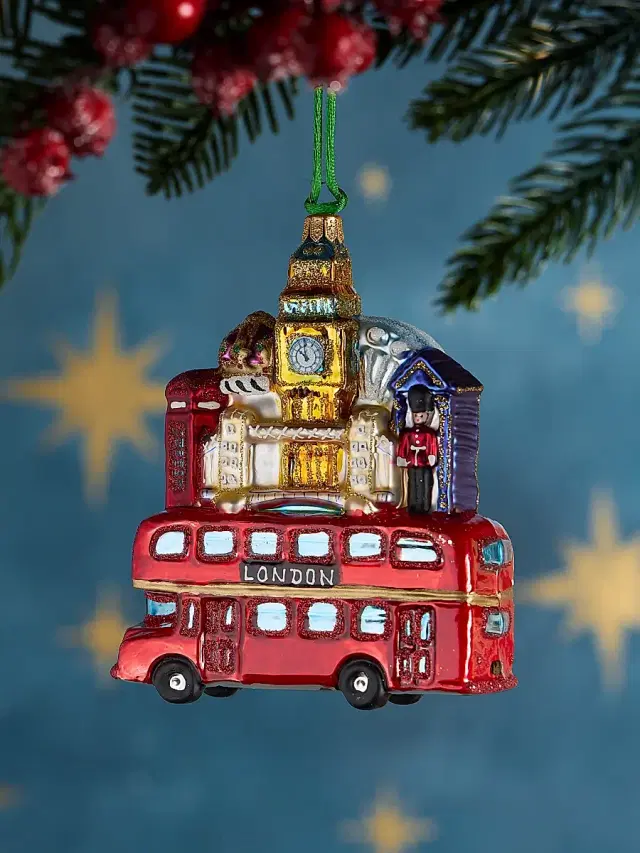 Exclusively Ours London Bus With Buildings Glass Ornament