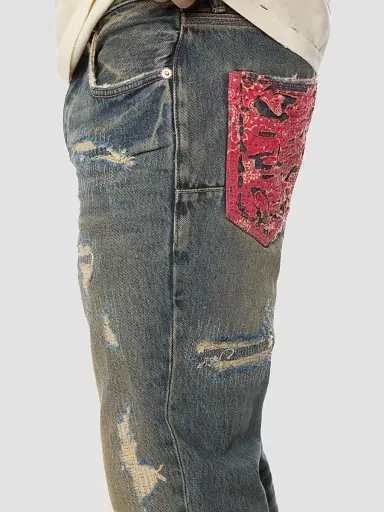 Purple Brand Men's Quilted Destroyed Mid Indigo Bootcut Jeans - Medium Indigo | Thumbnail 3 Purple Brand Men's Quilted Destroyed Mid Indigo Bootcut Jeans - Medium Indigo | Thumbnail 3
