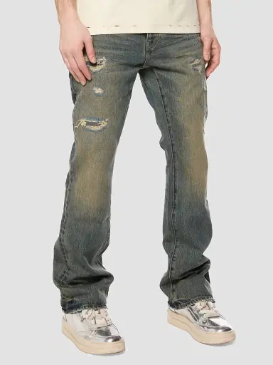 Purple Brand Men's Quilted Destroyed Mid Indigo Bootcut Jeans - Medium Indigo | Thumbnail 4 Purple Brand Men's Quilted Destroyed Mid Indigo Bootcut Jeans - Medium Indigo | Thumbnail 4