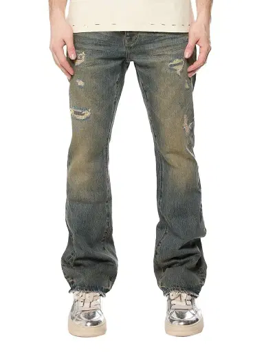 Purple Brand Men's Quilted Destroyed Mid Indigo Bootcut Jeans - Medium Indigo | Thumbnail 1 Purple Brand Men's Quilted Destroyed Mid Indigo Bootcut Jeans - Medium Indigo | Thumbnail 1