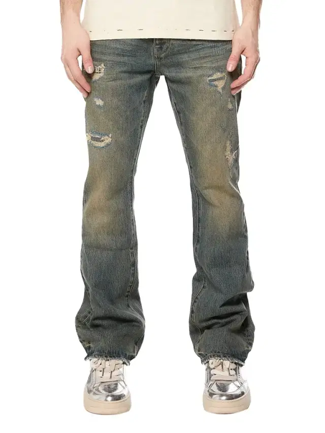 Purple Brand Men's Quilted Destroyed Mid Indigo Bootcut Jeans - Medium Indigo