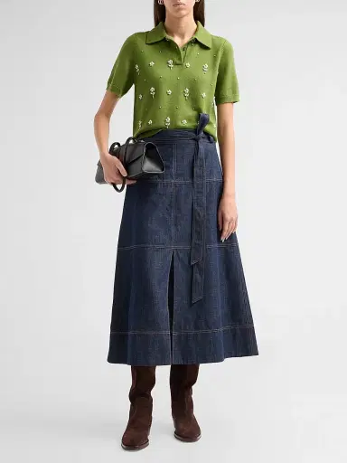 TANYA TAYLOR Women's Camilla Embroidered Polo Sweater - Sprout | Thumbnail 2