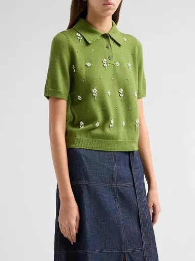 TANYA TAYLOR Women's Camilla Embroidered Polo Sweater - Sprout | Thumbnail 4