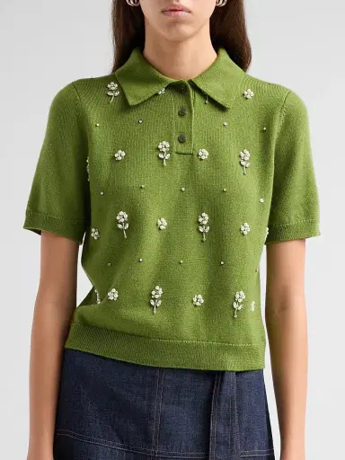 TANYA TAYLOR Women's Camilla Embroidered Polo Sweater - Sprout | Thumbnail 5