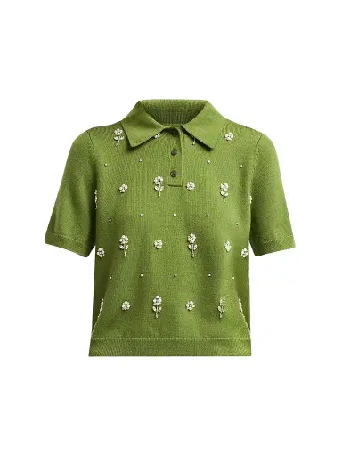 TANYA TAYLOR Women's Camilla Embroidered Polo Sweater - Sprout | Thumbnail 1