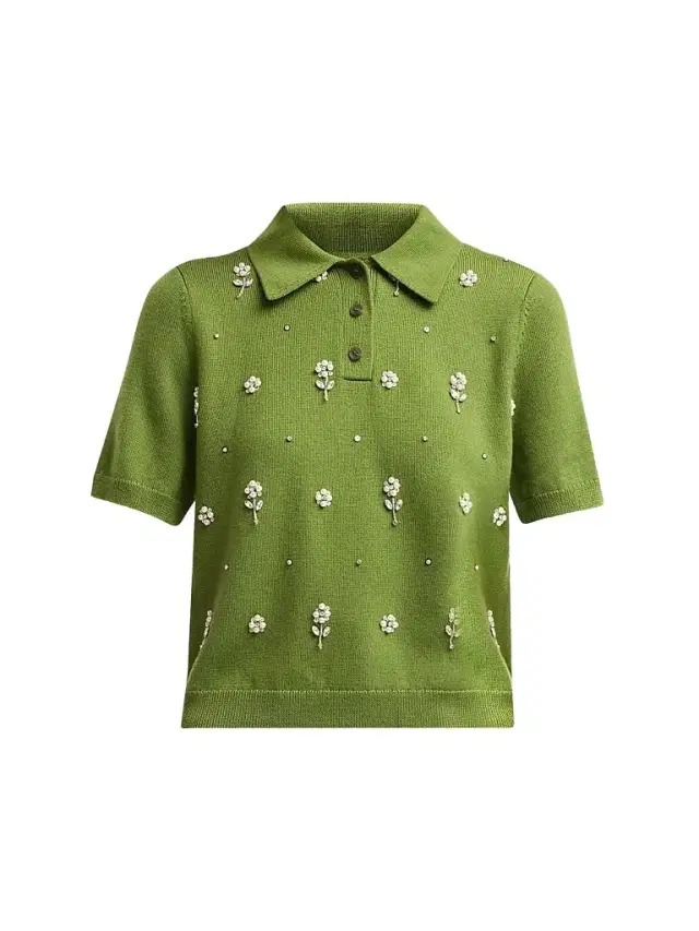 TANYA TAYLOR Women's Camilla Embroidered Polo Sweater - Sprout