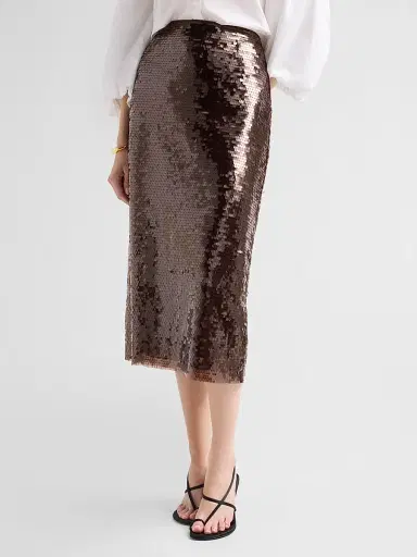TANYA TAYLOR Women's Kiah Sequin Pencil Midi-Skirt - Dark Fig | Thumbnail 4