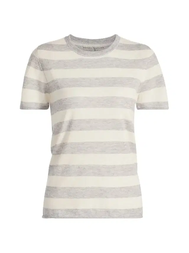 MAJESTIC FILATURES Women's Cashmere Stripe Crewneck T-Shirt - Brume Chine Milk
