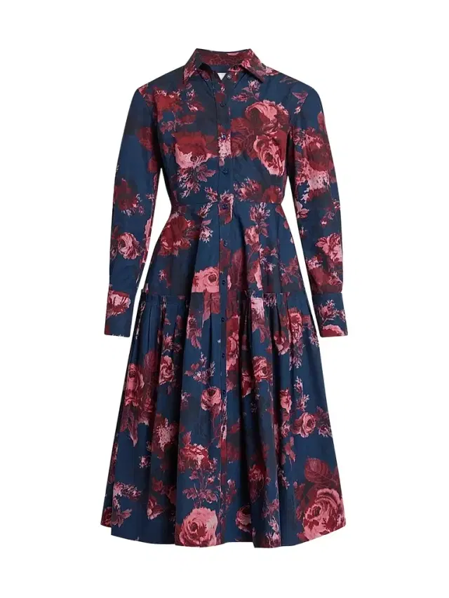 Erdem Women's Floral Cotton Midi Shirtdress - Margot Rose Navy - Size 8