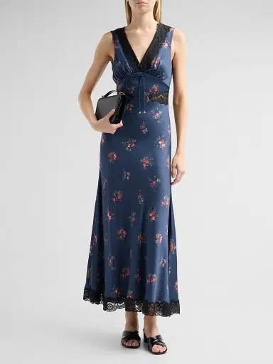 Self-Portrait Women's Inset-Lace Printed Satin Midi Dress - Navy | Thumbnail 2