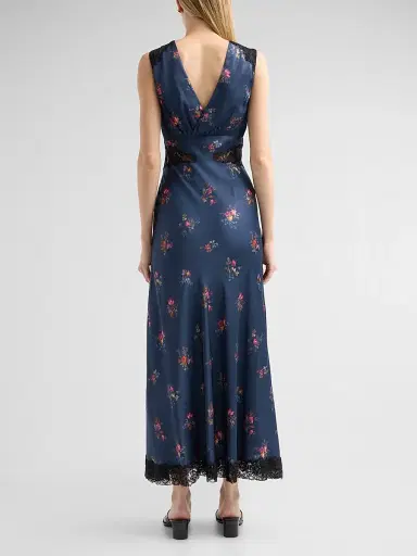 Self-Portrait Women's Inset-Lace Printed Satin Midi Dress - Navy | Thumbnail 3