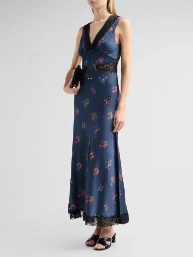 Self-Portrait Women's Inset-Lace Printed Satin Midi Dress - Navy | Thumbnail 4