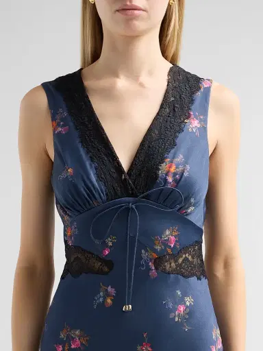 Self-Portrait Women's Inset-Lace Printed Satin Midi Dress - Navy | Thumbnail 5