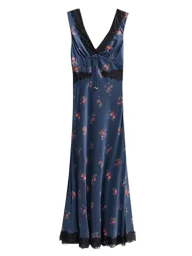 Self-Portrait Women's Inset-Lace Printed Satin Midi Dress - Navy | Thumbnail 1
