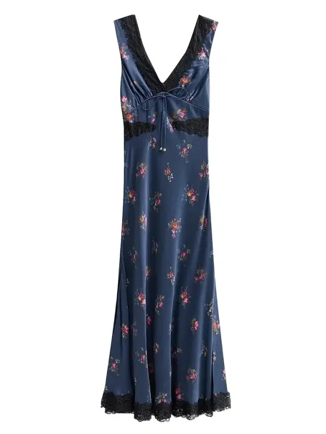 Self-Portrait Women's Inset-Lace Printed Satin Midi Dress - Navy