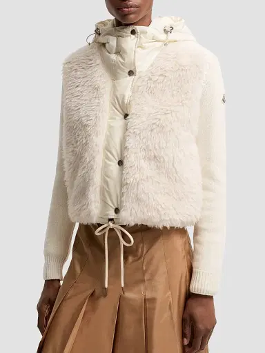 Moncler Women's Down-Filled Cardigan in Wool and Cashmere Blend - White - Size XS | Thumbnail 2