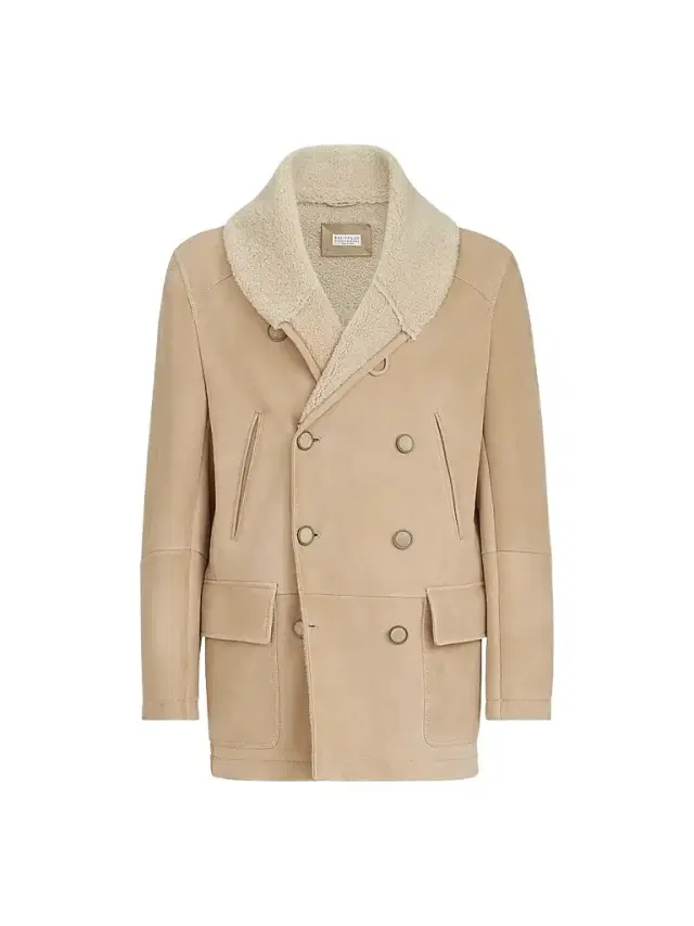 Brunello Cucinelli Men's Suede Curly Shearling Peacoat with Shawl Collar