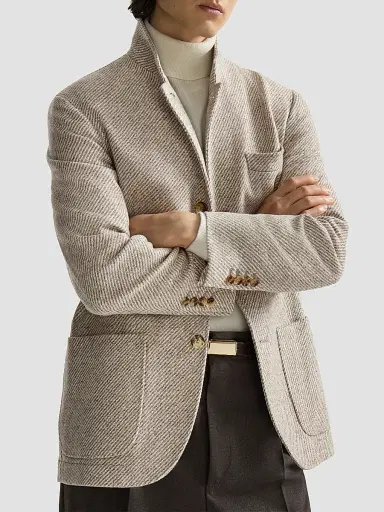 Brunello Cucinelli Men's Cashmere and Silk Diagonal Outerwear Blazer with Patch Pockets | Thumbnail 5