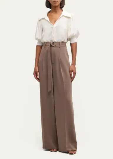Cinq à Sept Weldon Collared V-Neck Short-Sleeve Silk Combo Top | Thumbnail 2
