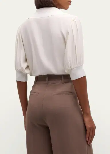 Cinq à Sept Weldon Collared V-Neck Short-Sleeve Silk Combo Top | Thumbnail 3