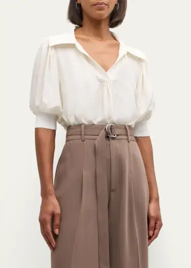 Cinq à Sept Weldon Collared V-Neck Short-Sleeve Silk Combo Top | Thumbnail 4