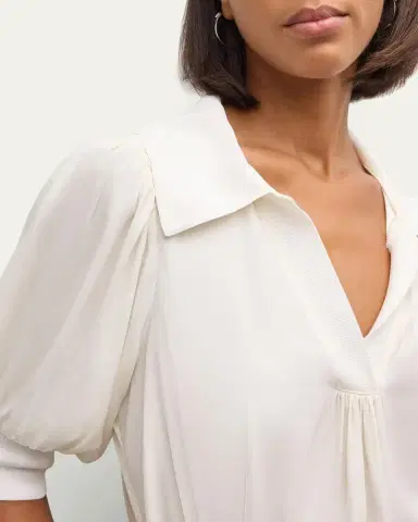 Cinq à Sept Weldon Collared V-Neck Short-Sleeve Silk Combo Top | Thumbnail 5