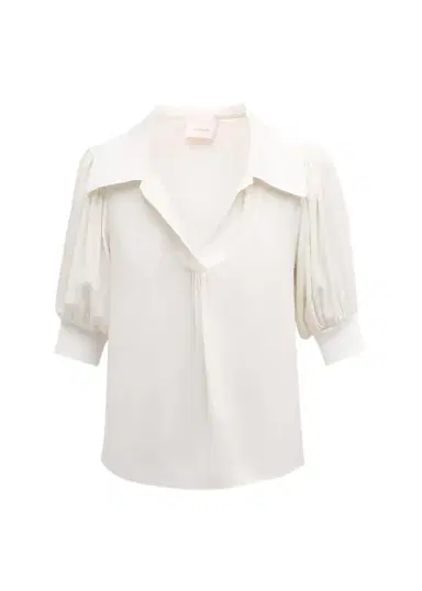 Cinq à Sept Weldon Collared V-Neck Short-Sleeve Silk Combo Top | Thumbnail 1