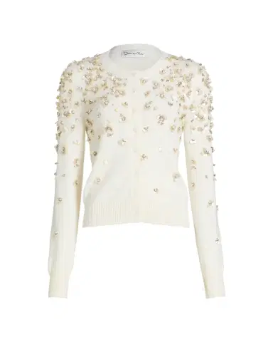 Oscar de la Renta Pearly Embroidered Wool Crewneck Cardigan | Thumbnail 2