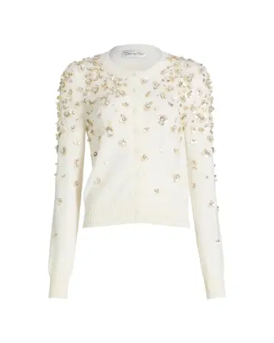 Oscar de la Renta Pearly Embroidered Wool Crewneck Cardigan | Thumbnail 1