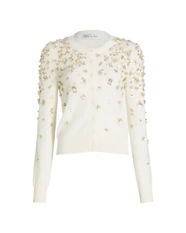 Oscar de la Renta Pearly Embroidered Wool Crewneck Cardigan