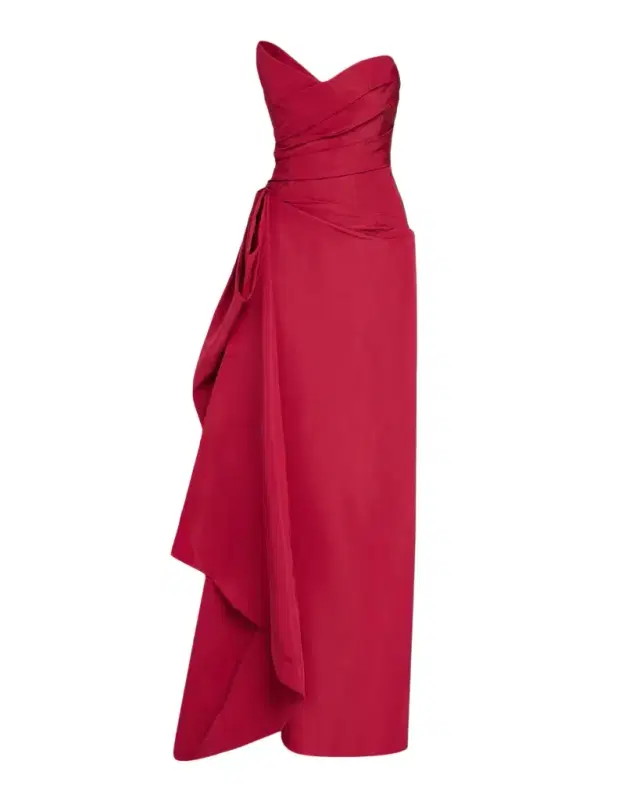 MONIQUE LHUILLIER Strapless Sculptural Draped Silk Faile Gown