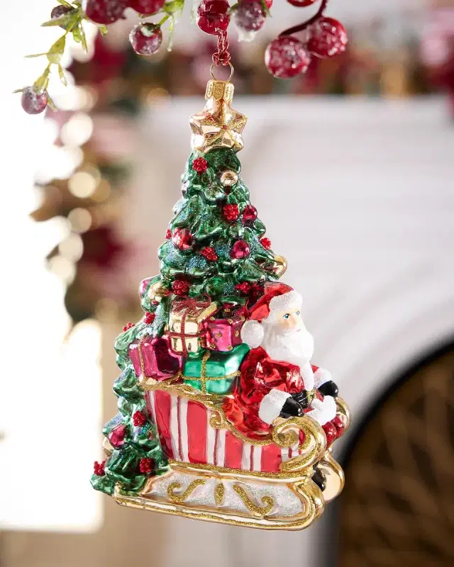 Exclusive Santa on Sleigh by the Tree Christmas Ornament