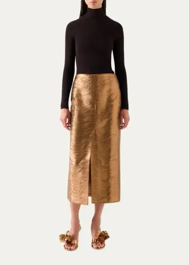 Akris Embroidered Lame Nappa Leather Midi Pencil Skirt | Thumbnail 2
