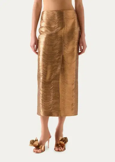 Akris Embroidered Lame Nappa Leather Midi Pencil Skirt | Thumbnail 4