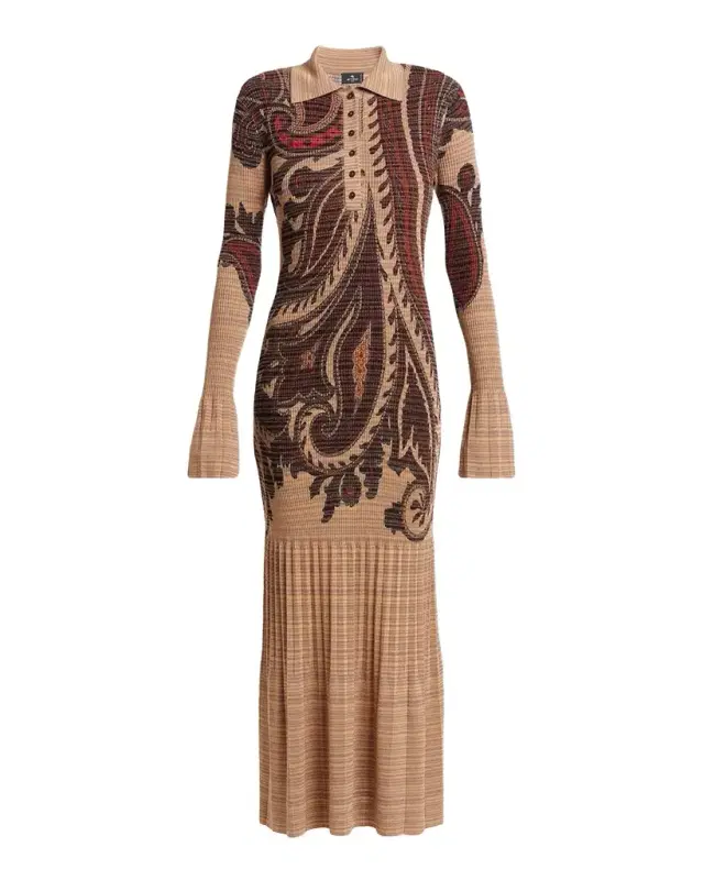 Etro Paisley Stripe Pleated Knit Midi Polo Dress