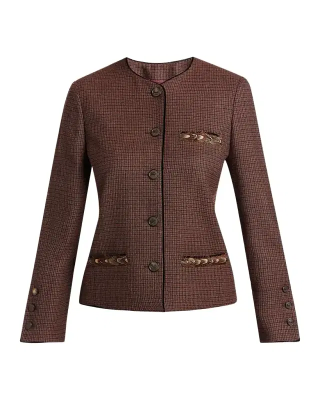 Etro Feather-Trim Houndstooth Wool Single-Breasted Jacket