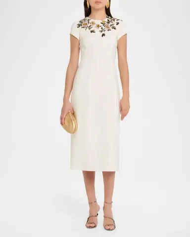 Oscar de la Renta Short-Sleeve Beaded Sheath Midi Dress | Thumbnail 2